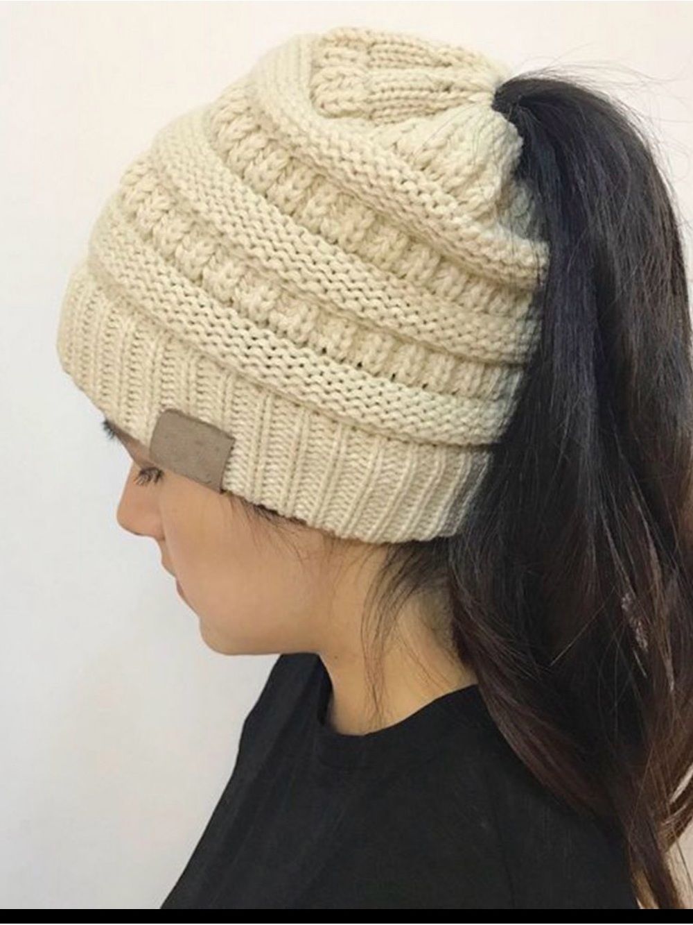 Knit Ponytail Beanie Hat - Cream